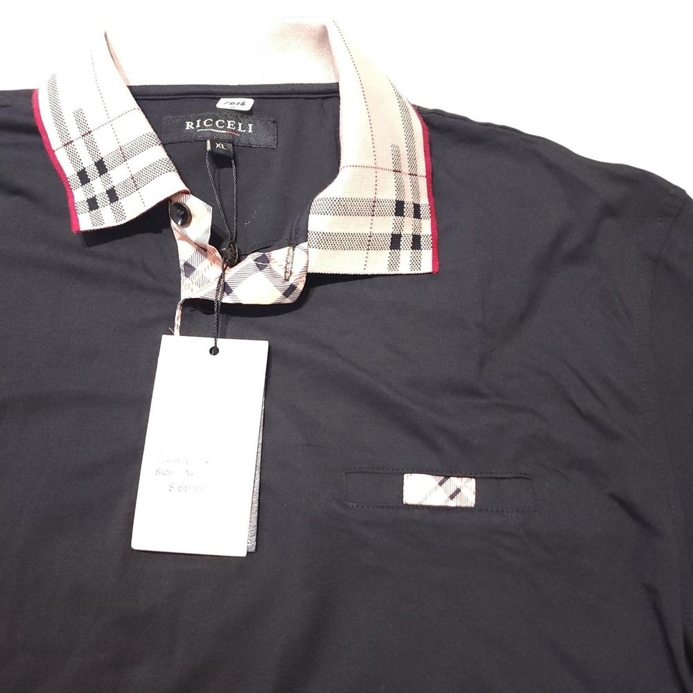Ricceli Mens XL Black Stretch Polo Shirt NWT Plaid Collar Cotton Spandex‎